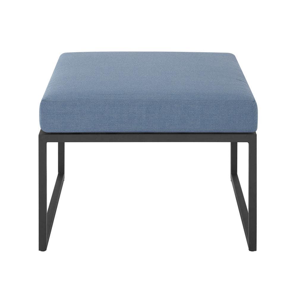 Welwick Designs Metal Modern Outdoor Patio Ottoman with Blue Cushion