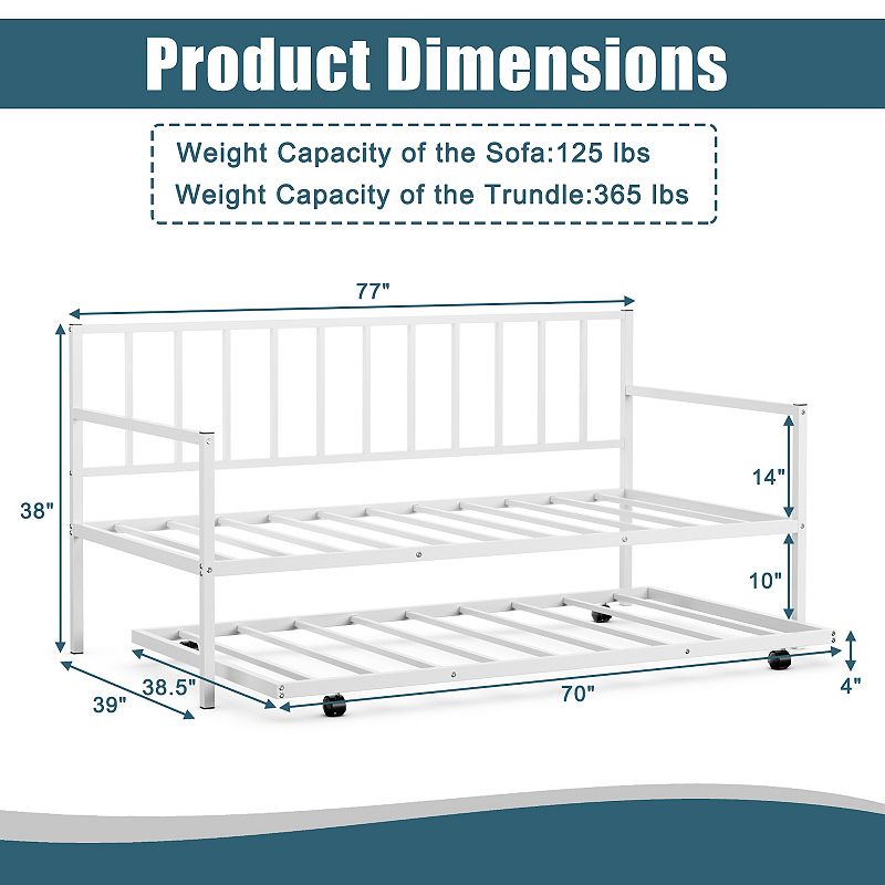 Twin Daybed Set with Metal Slat Support and Roll-Out Trundle