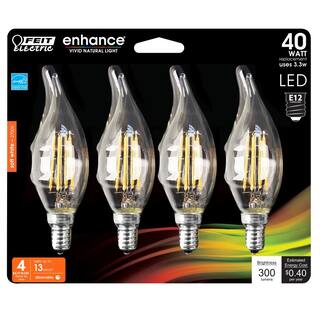 Feit Electric 40-Watt Equivalent BA10 E12 Candelabra Dimmable Filament CEC Clear Chandelier LED Light Bulb Soft White 2700K (4-Pack) BPCFC40927CAFIL4RP