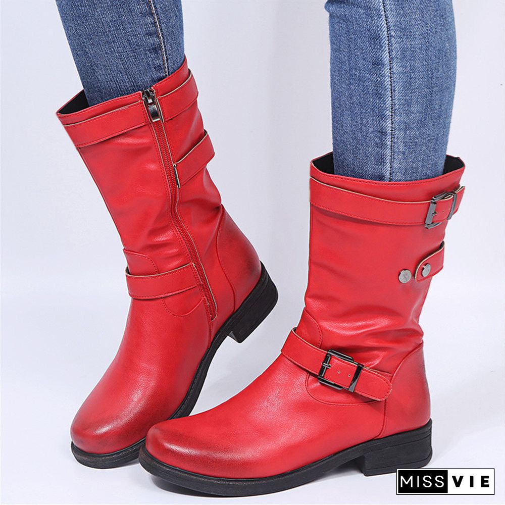 Women's Casual Solid Color Round Toe Low Heel Mid-barrel Boots