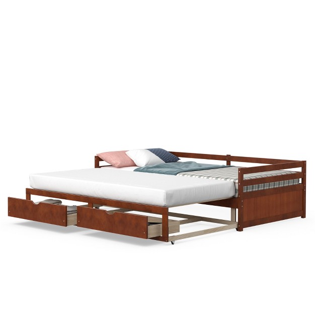 Costway Twin To King Daybed With 2 Drawers Wooden Sofa Bed For Bedroom Living Room White cherry