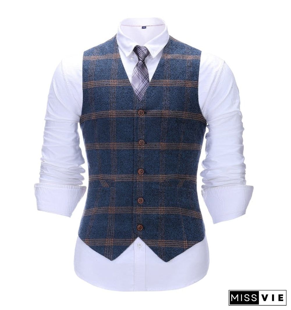 Men's Business 3 Pieces Formal Royal Blue Plaid Tweed Notch Lapel Suit (Blazer+vest+Pants)