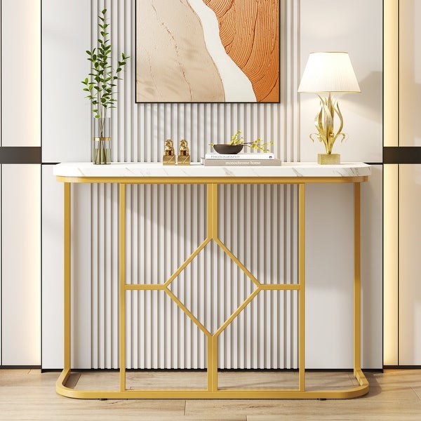 Gold Console Table， 43 Inch Modern Faux Marble Entryway Table