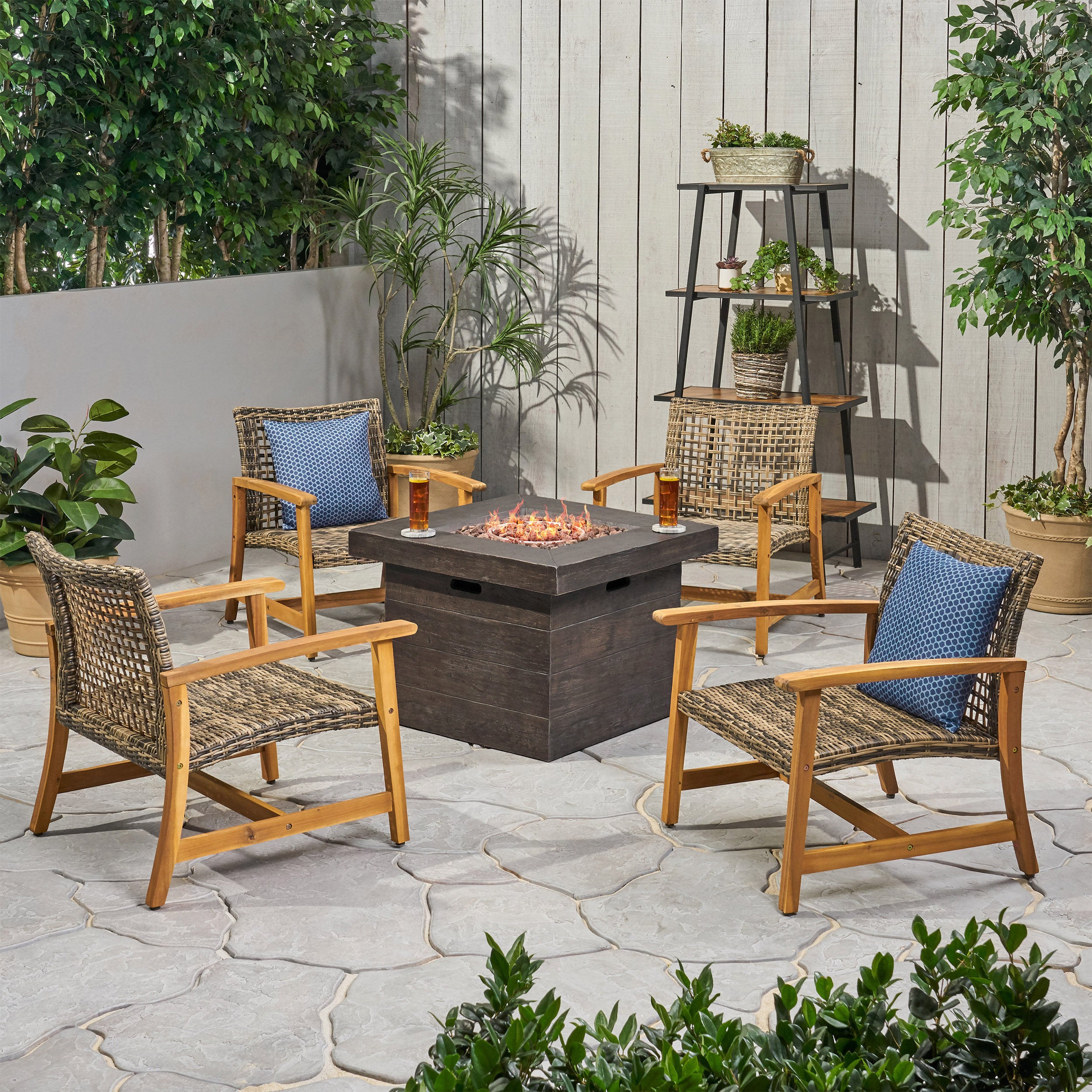 Rachel Outdoor 5 Piece Wood and Wicker Club Chairs and Fire Pit Set