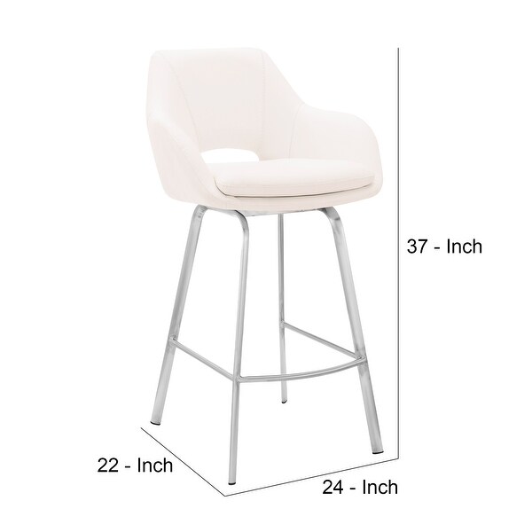 26 Inch Leatherette and Metal Swivel Counter Stool， White and Silver