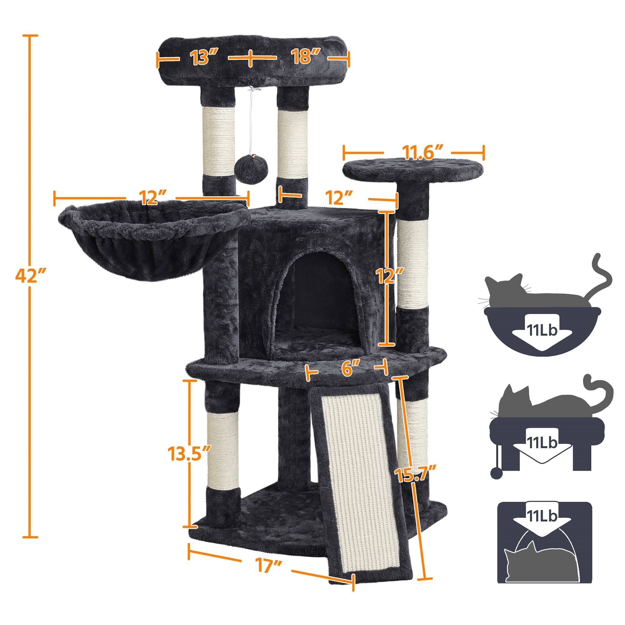 Topeakmart Black Medium Plush Cat Tree Condo with Basket， 42