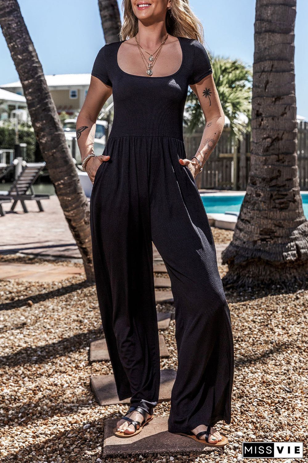 Black Pleated High Waist U Neck Short Sleeve Jumpsuit