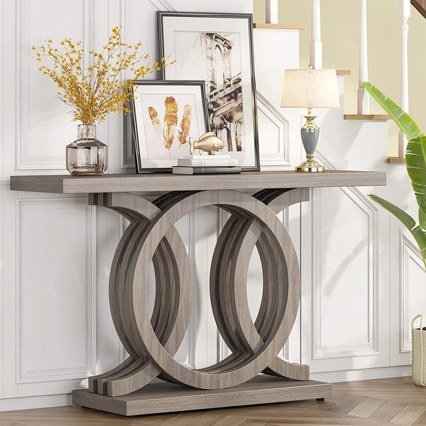 Vintage Console Table with Geometric Base Wooden Hallway Table