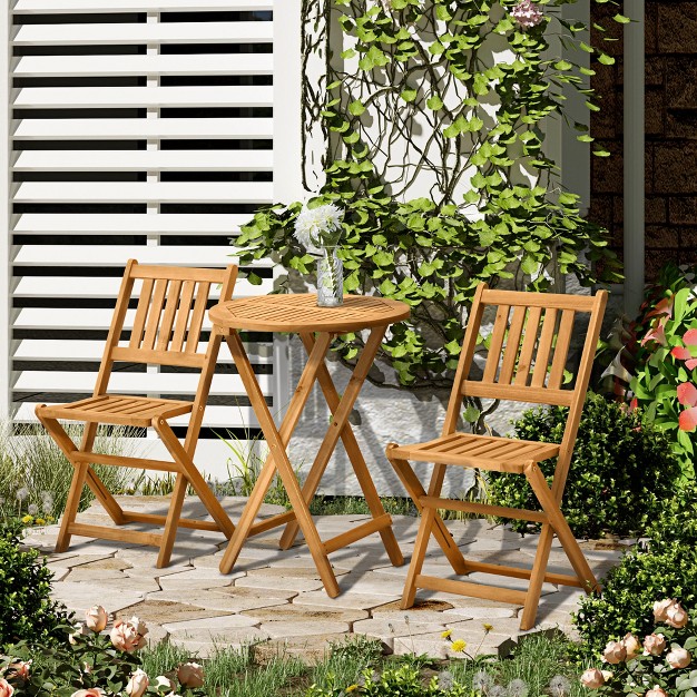 Outsunny Bistro Table And Chairs Set Of 2 Acacia Wood Patio Table Wooden Folding Chairs Varnished 3 Piece Outdoor Furniture Set Slatted Teak