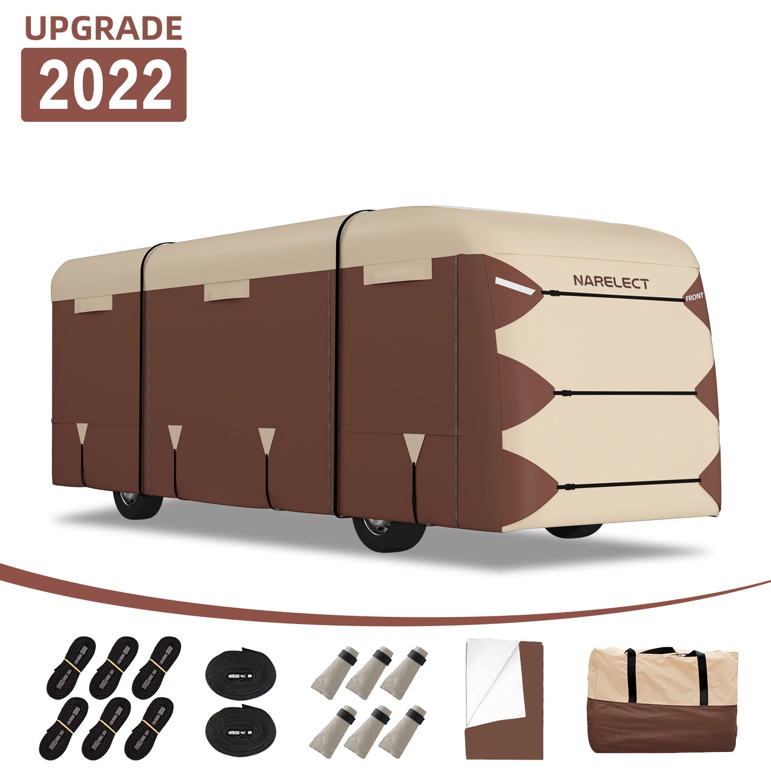 Narelect 2022 Upgraded Design Class A RV Cover， Fits 31'-34' Heavy Duty Polyster RV Cover Ripstop Anti-UV Windproof Camper Cover， with 6 Gutter Cover 2 Pcs Extra Straps， Brown