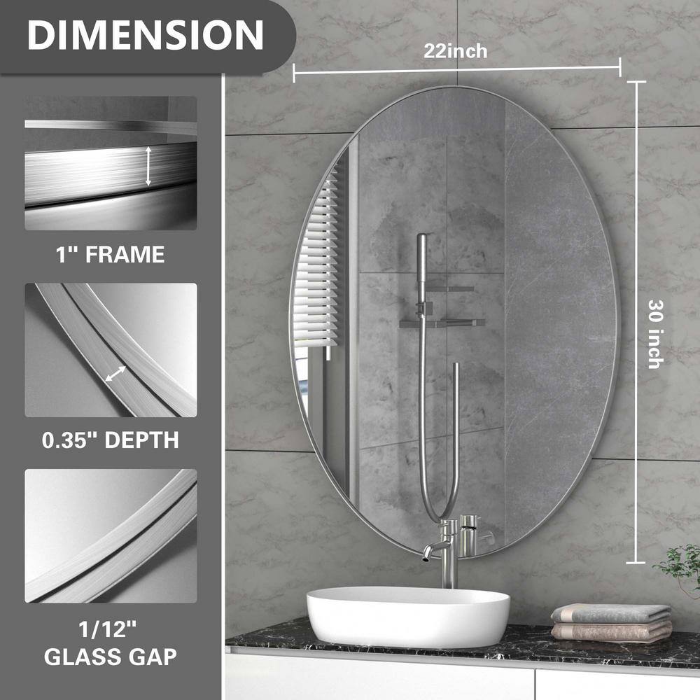 PAIHOME 22 in. W x 30 in. H Medium Oval Stainless Steel Framed Wall Bathroom Vanity Mirror Decorative Mirror in Brushed Silver HD-22301-SOSV