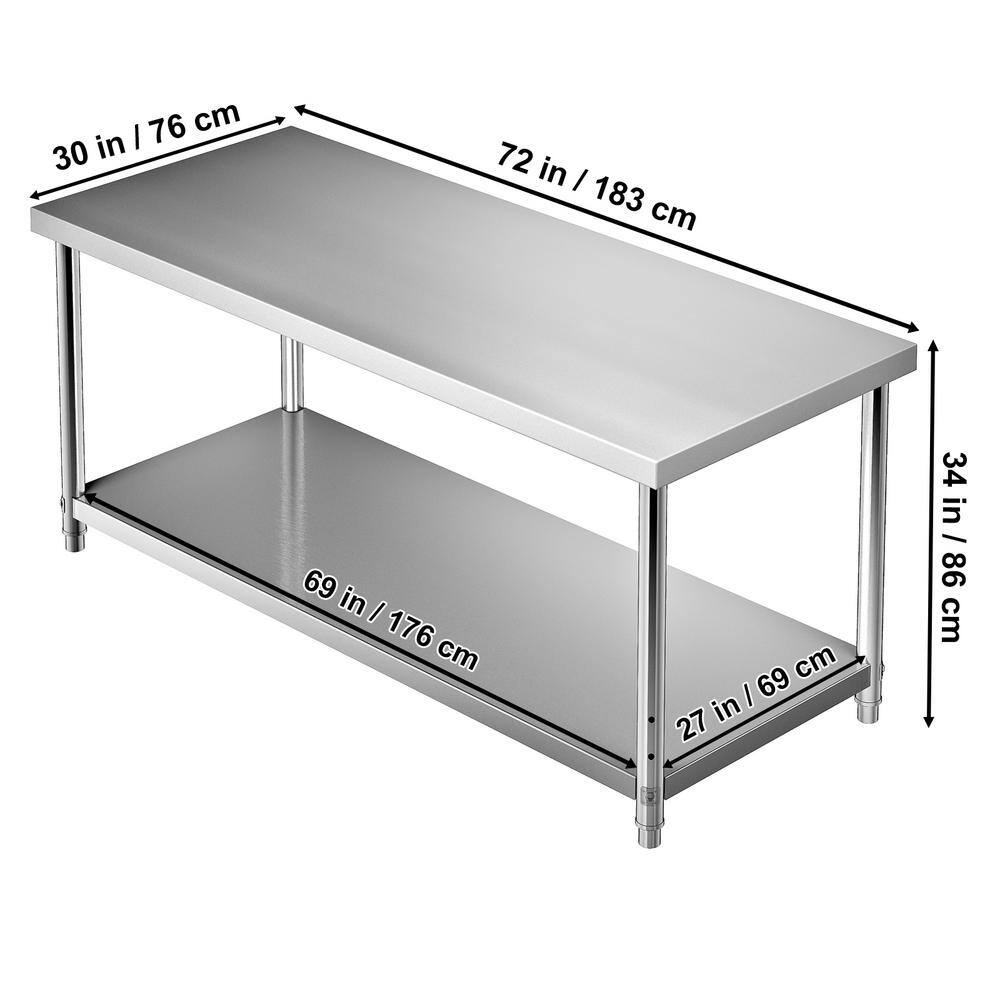 VEVOR Stainless Steel Prep Table 72 in. x 30 in. x 34 in. Heavy-Duty Metal Worktable 550 lbs. Load Capacity Kitchen Prep Table J72X30X34INCHUU20V0