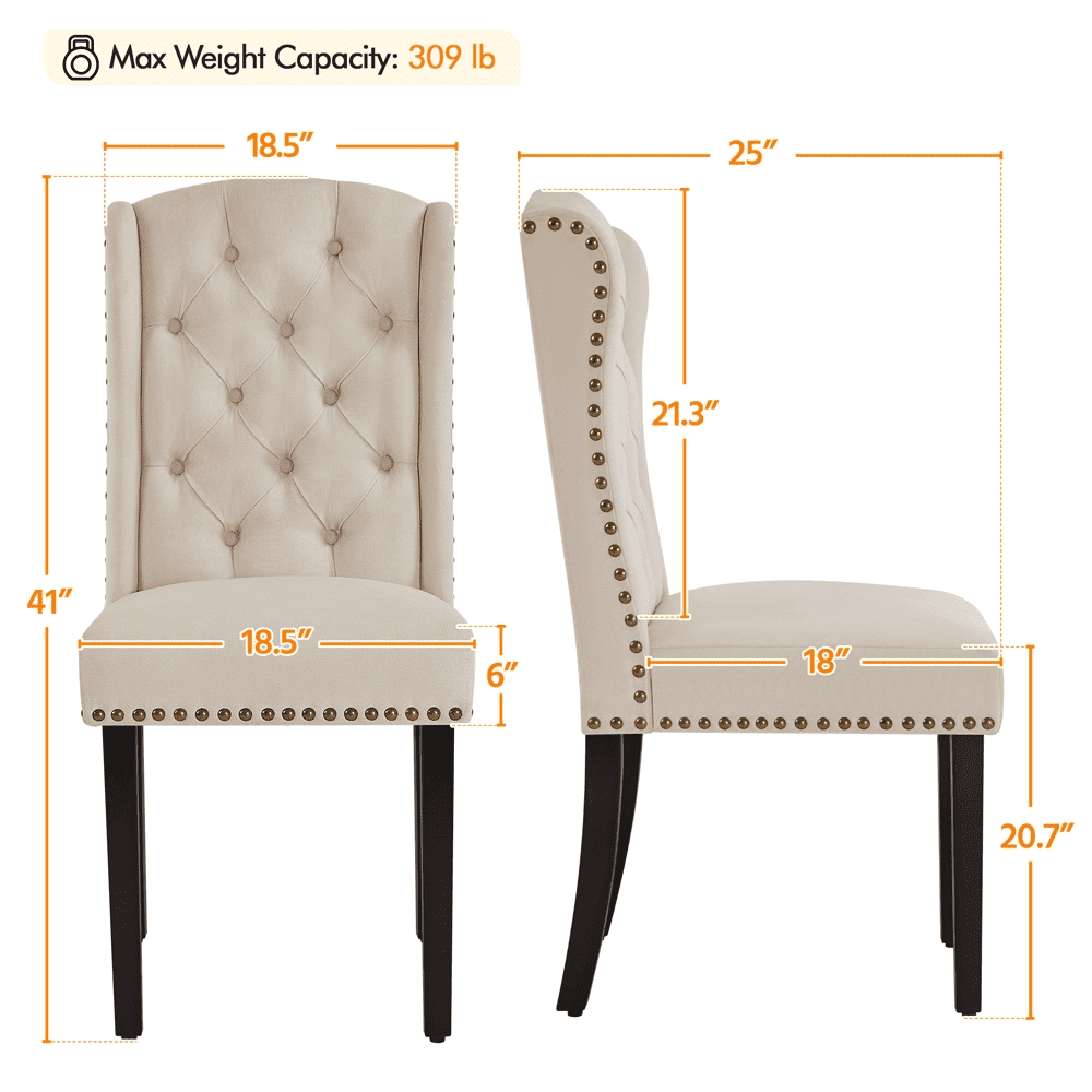 SMILE MART 2pcs Upholstered Tufted Dining Chairs with Wing Design for Kitchen， Beige