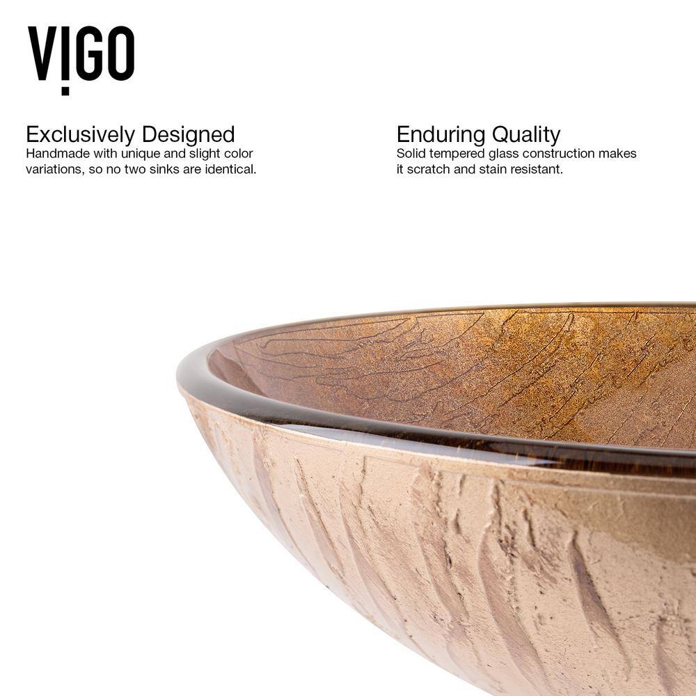 VIGO Glass Round Vessel Bathroom Sink in Wooden Brown with Linus Faucet and Pop-Up Drain in Antique Rubbed Bronze VGT391