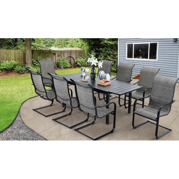 MAISON ARTS Patio Dining Set 9/7 Pieces Outdoor Metal Furniture Set，8/6 C Spring Motion Chairs and 1 Expandable Table