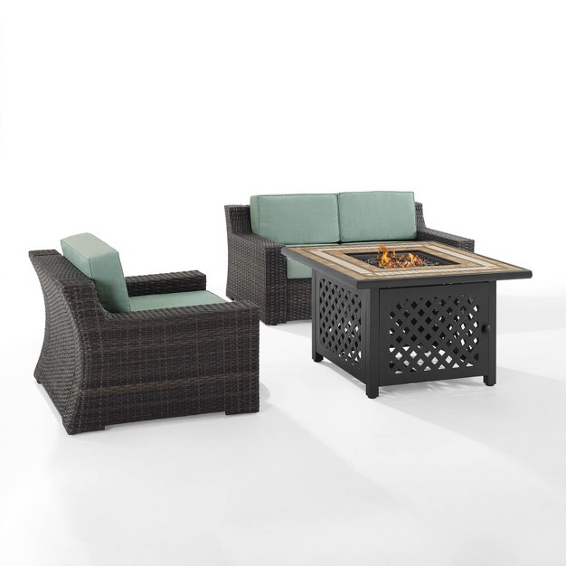 Beaufort 3 Pc Outdoor Wicker Conversation Set Loveseat And Chair With Fire Table Mist brown Crosley