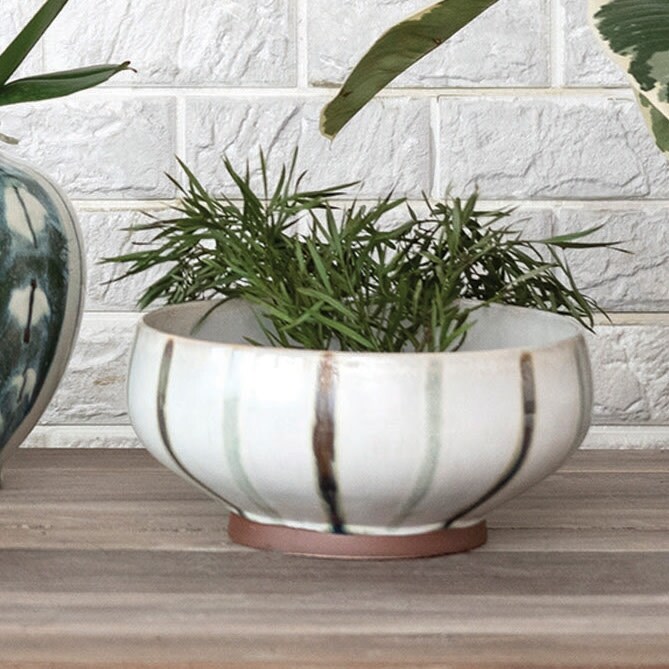 Hand Painted Stoneware Bowl with Stripes and Reactive Glaze   10.0\