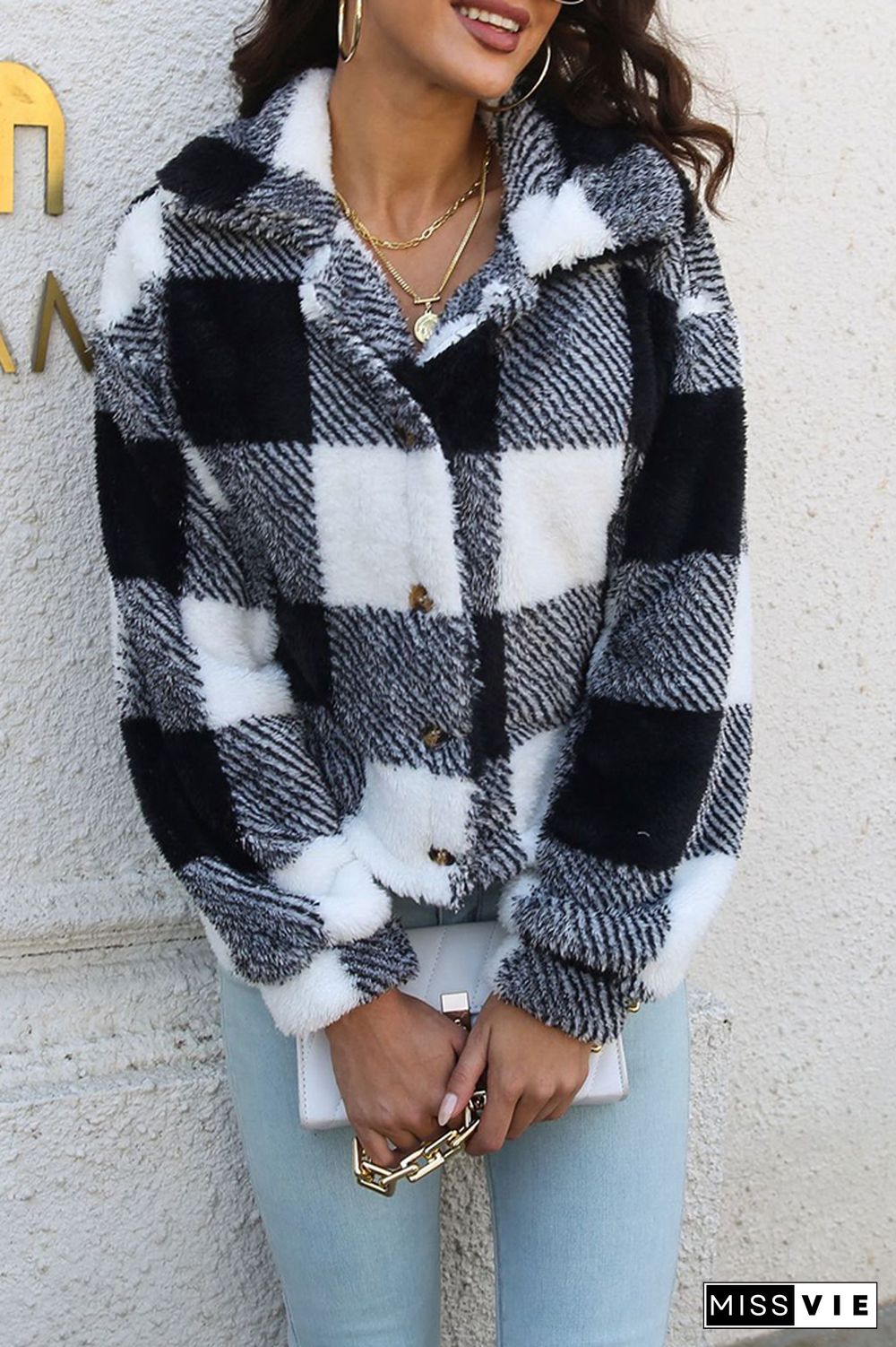 Open Button Fleece Plaid Crop Jackets