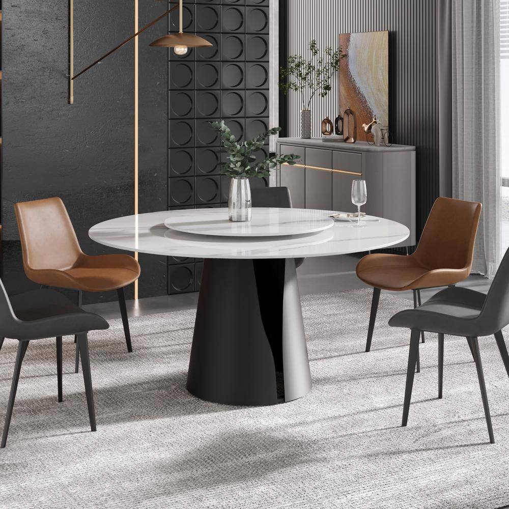 JE Home 59.05 in. White Modern Round Sintered Stone Tabletop Dining Table With Carbon Stainless Steel Base (Seats 8) PVS-DT0141DW150