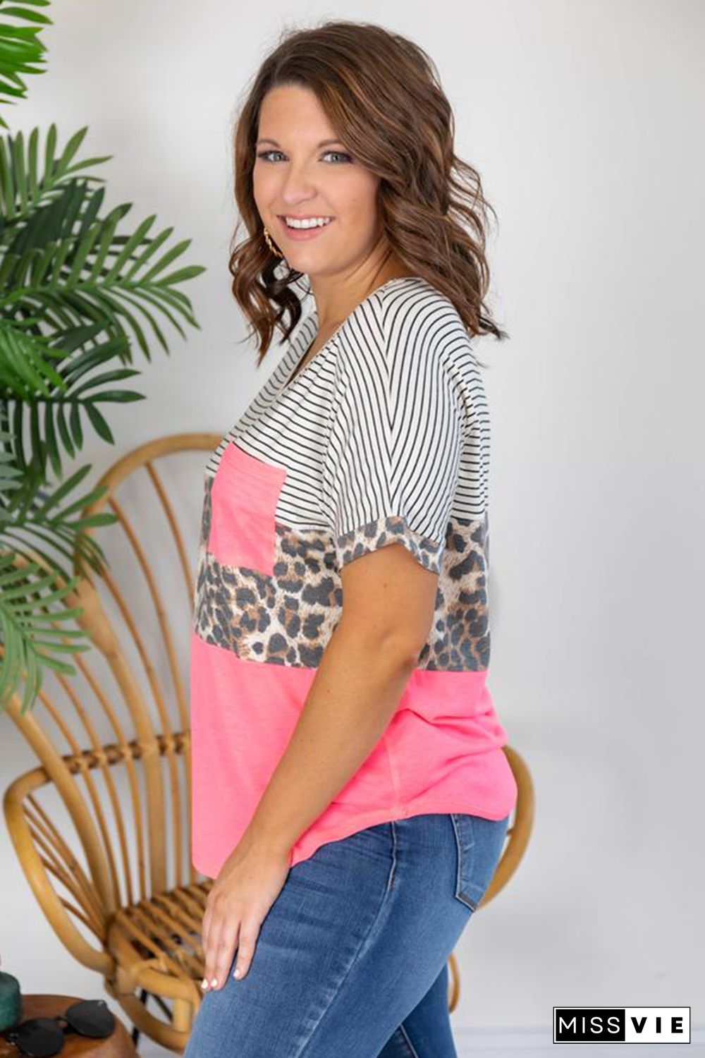 Pink Color Block Splicing Striped Leopard Plus Size Tee