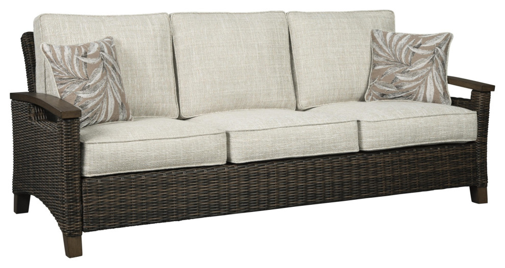 Resin Wicker Woven 3 Seater Sofa With Cushioned Seat  Brown And Gray   Tropical   Sofas   by VirVentures  Houzz