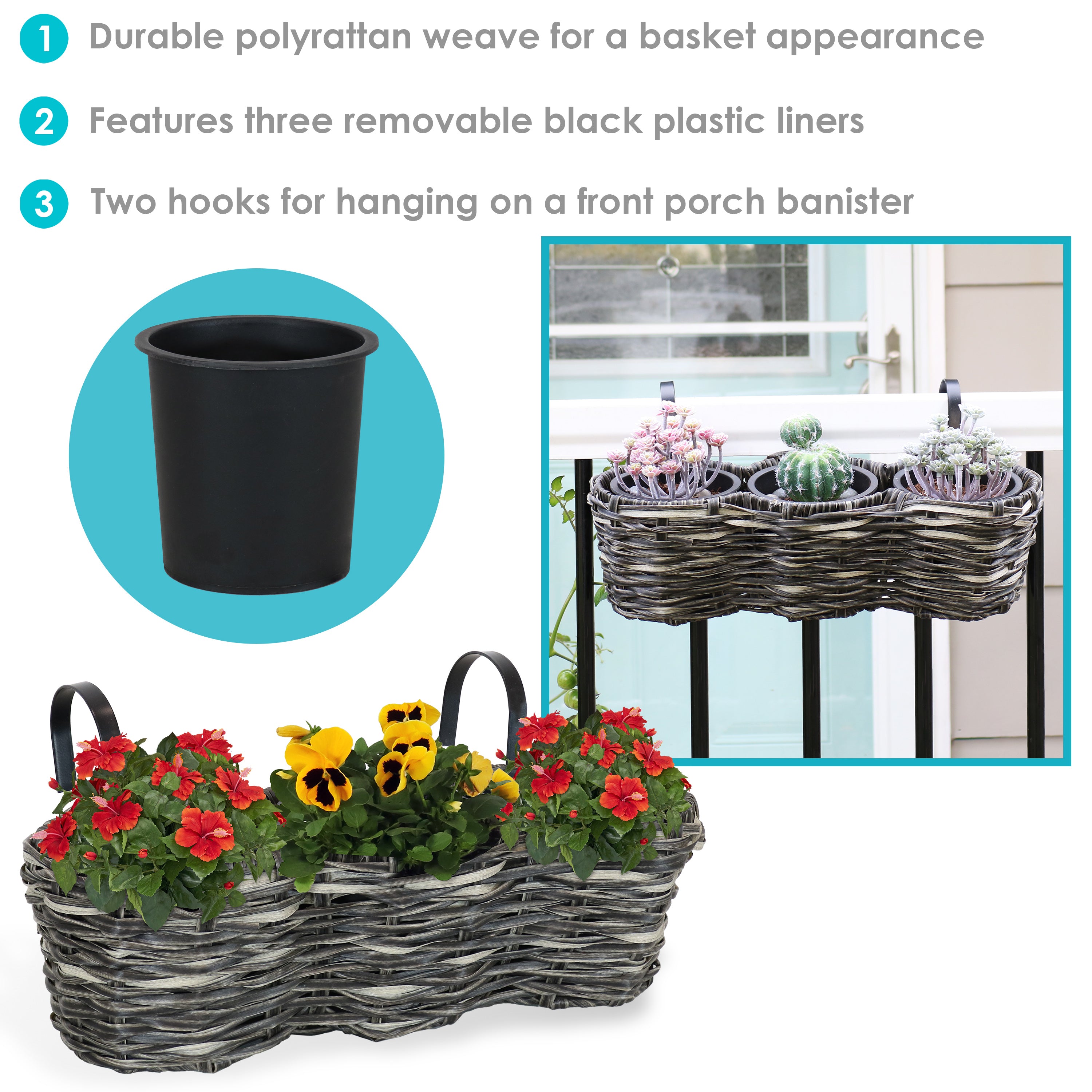 Sunnydaze Indoor/Outdoor Polyrattan Over-the-Rail Tri-Planter with 3 Round Black Plastic Liners - Charcoal