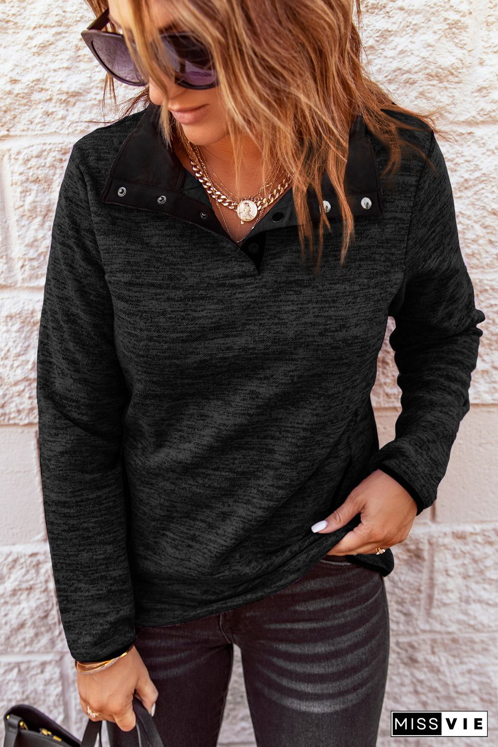 Black Heathered Turn-down Collar Pullover Sweatshirt