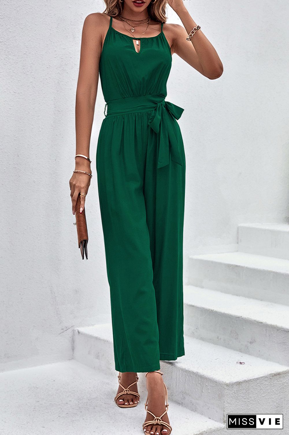 Green Waist Tie Halter Jumpsuit