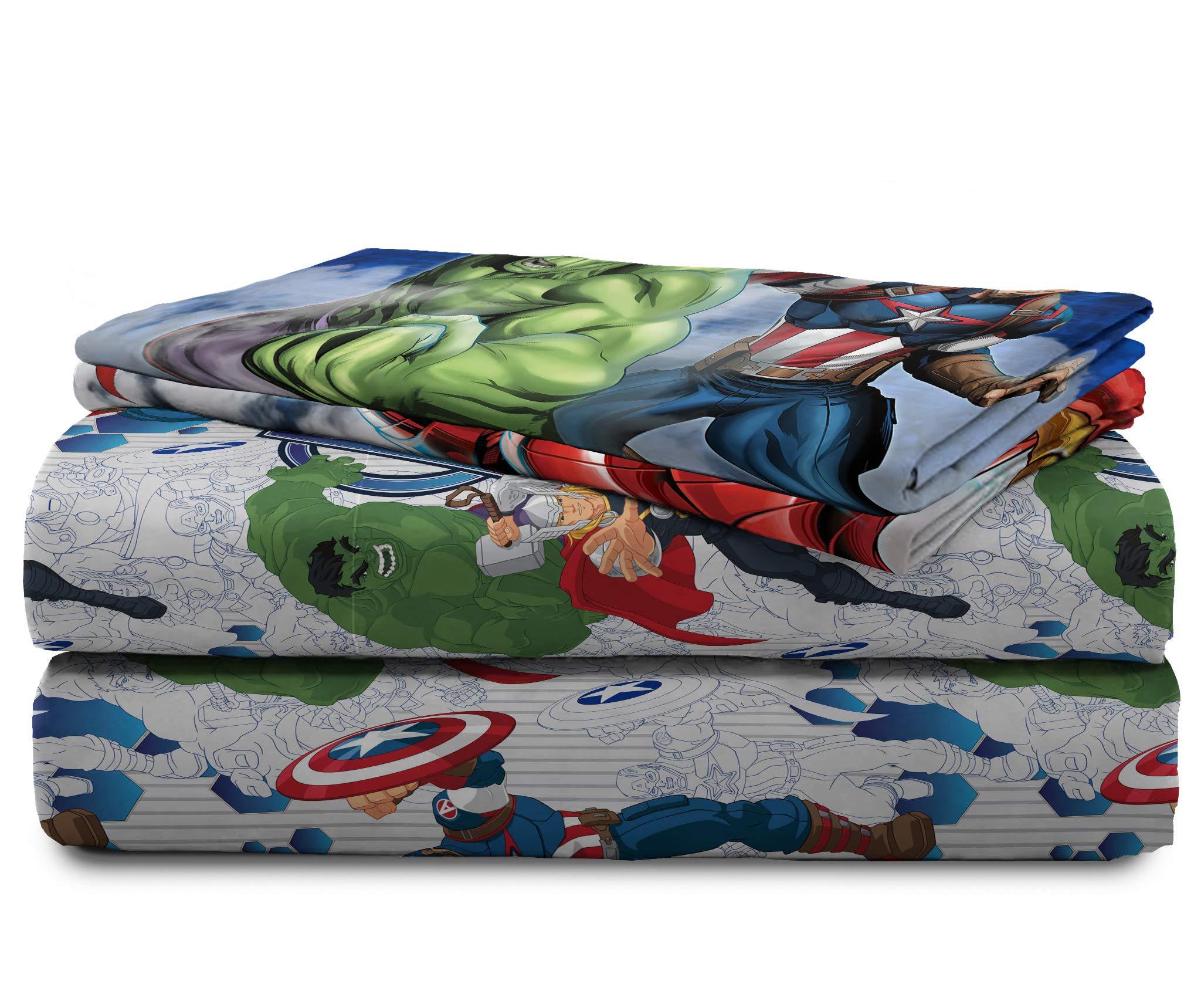 Avengers Collection Cartoon Superhero 5 Pieces Kids Full Bed Set, 100% Microfiber, Blue, Marvel