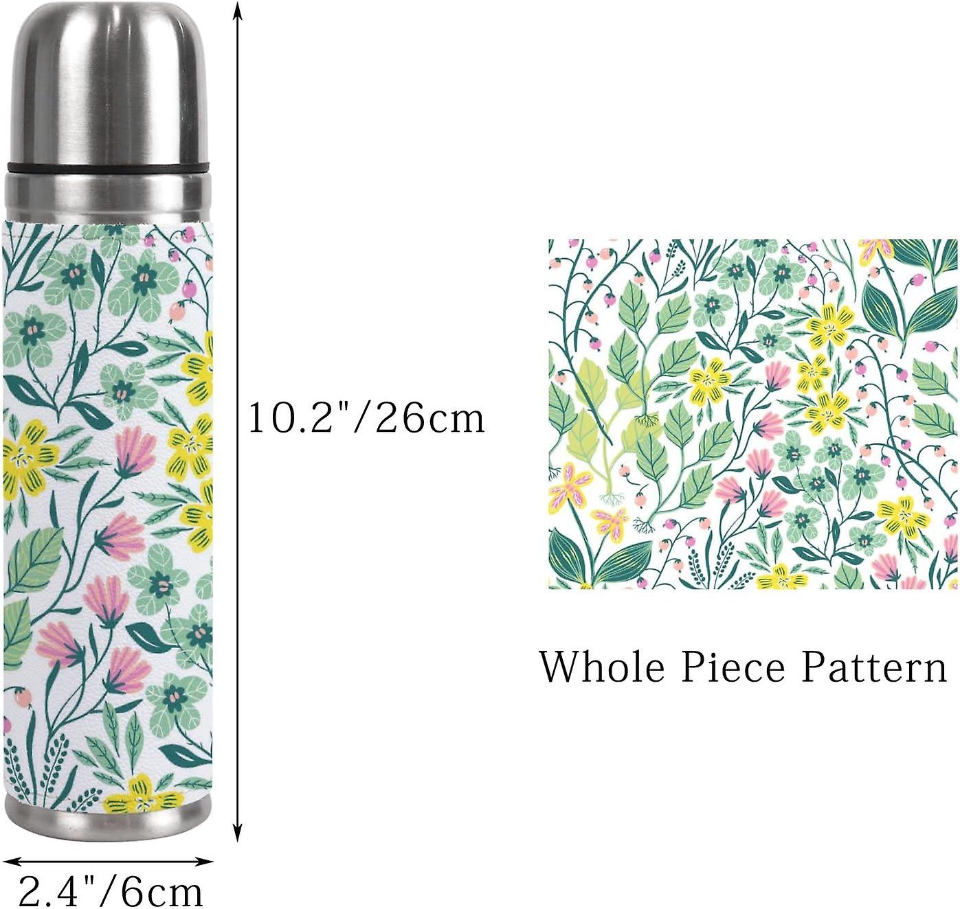 Insulated Mug Stainless Steel Water Bottle Floral Leaves And Flowers On White Vacuum Cup Travel Mug For Office