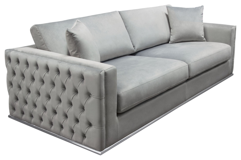 Sofa  Platinum Gray Velvet With Tufted Outside Detail and Silver Metal Trim   Contemporary   Sofas   by Kolibri Decor  Houzz