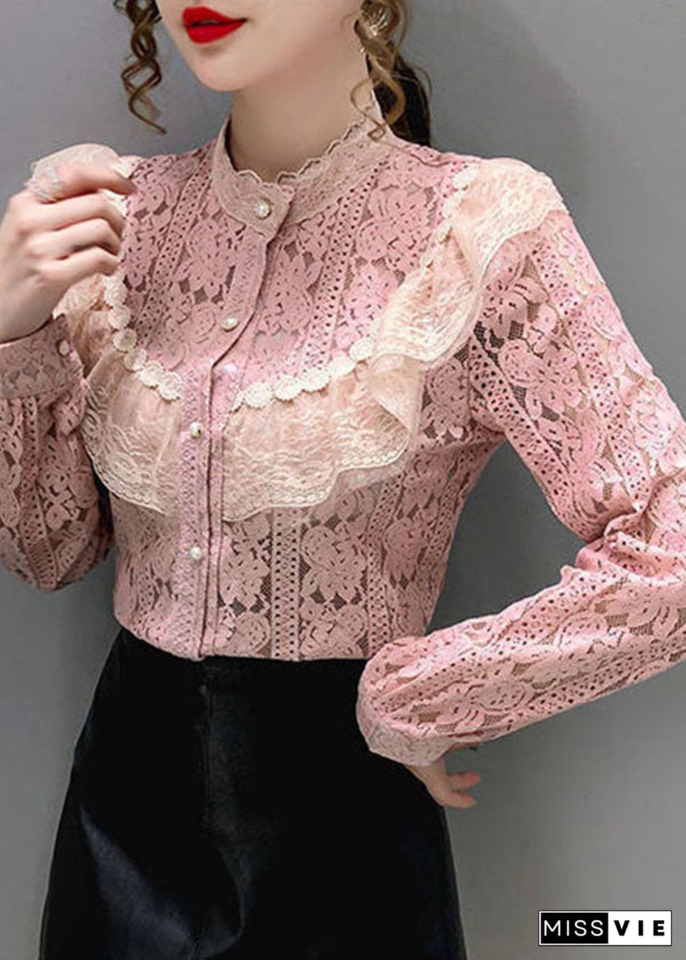 Pink Lace Loose Shirt Top button Hollow Out Long sleeve