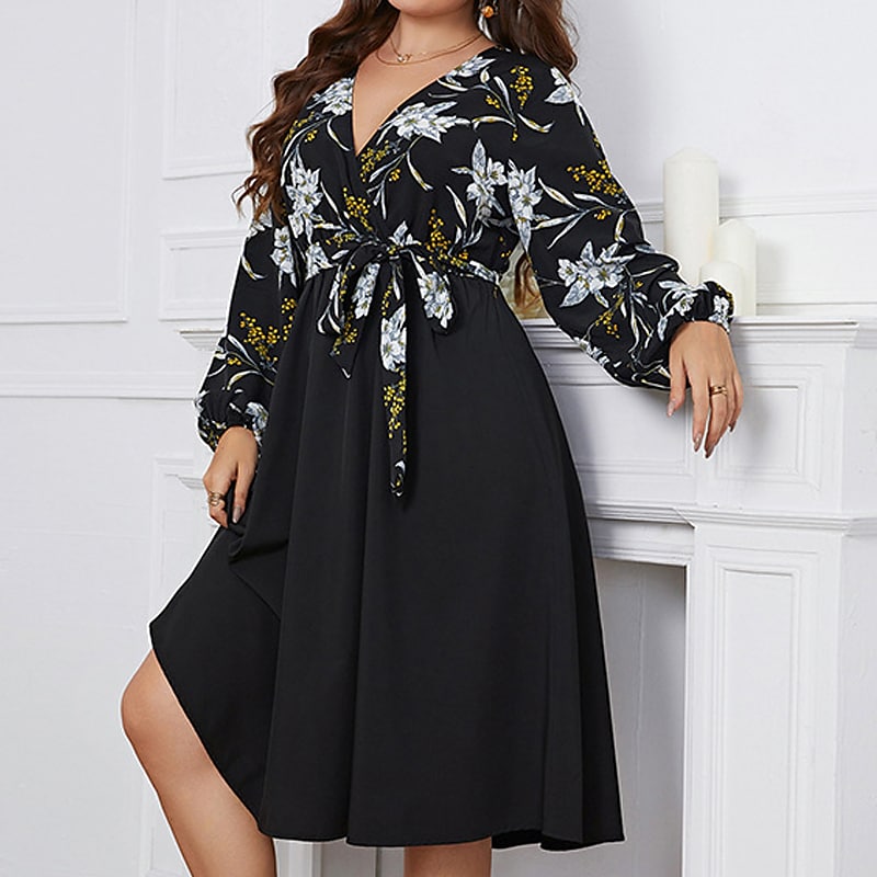 Women's Plus Size Casual Dress Floral V Neck Long Sleeve Fall Winter Casual Midi Dress Causal Daily Dress