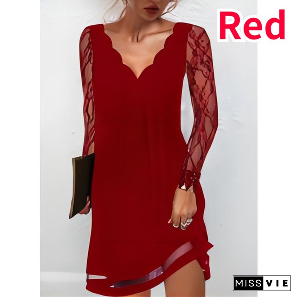 New Fashion Women's Wavy Shape Lace Long Sleeves Deep V Autumn Beach Party Loose Casual Midi Dresses