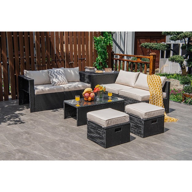 Costway 8pcs Patio Rattan Furniture Set Storage Table Ottoman Cover