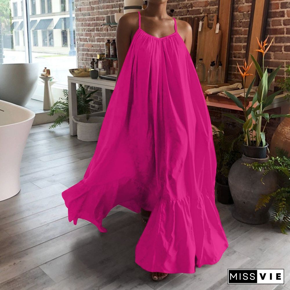 New Women Camisole Oversized Fashion Casual Sleeveless Maxi Dresses Strap Dress Backless Big Swing Floor-Length Robe