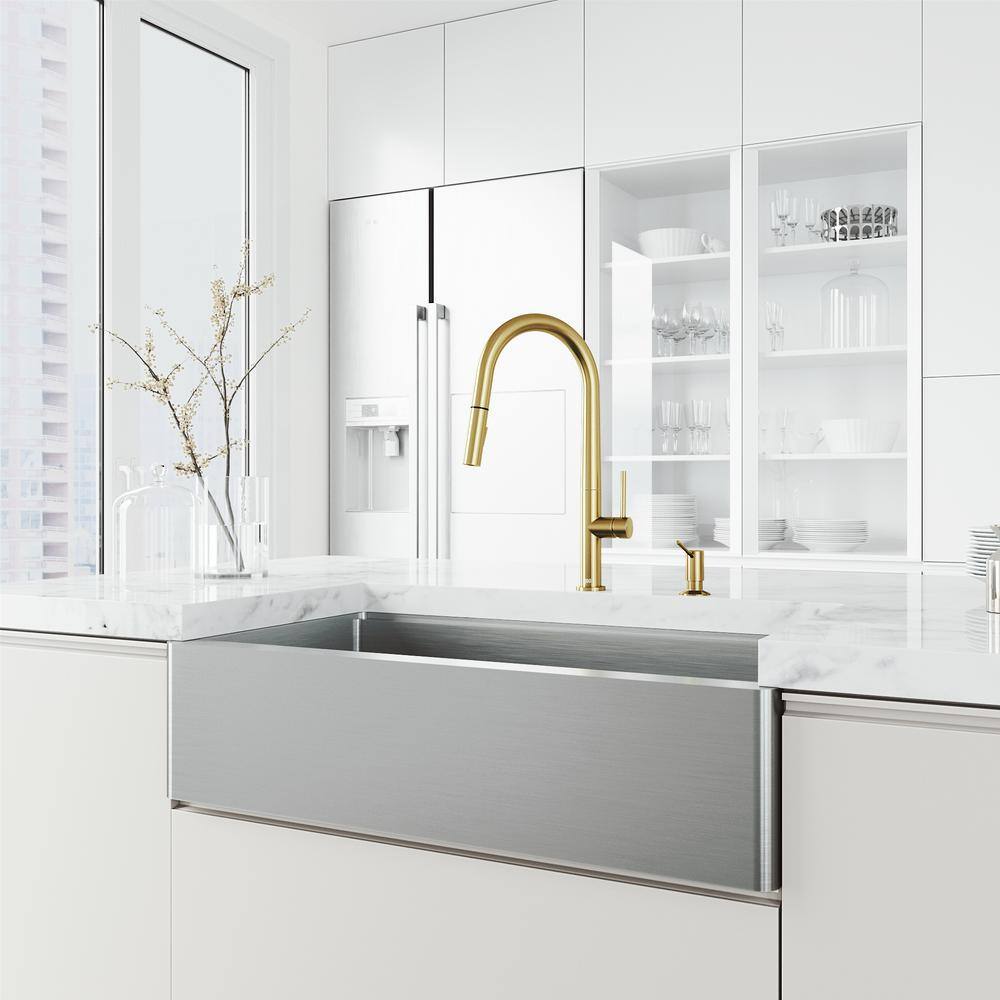 VIGO Greenwich Single Handle Pull-Down Sprayer Kitchen Faucet Set with Soap Dispenser in Matte Brushed Gold VG02029MGK5