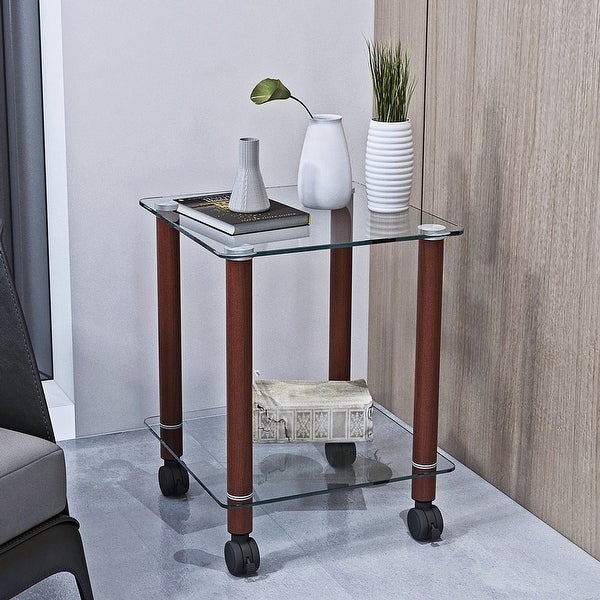 2-Tier Space Side Table with Glass Tabletop and Metal Legs