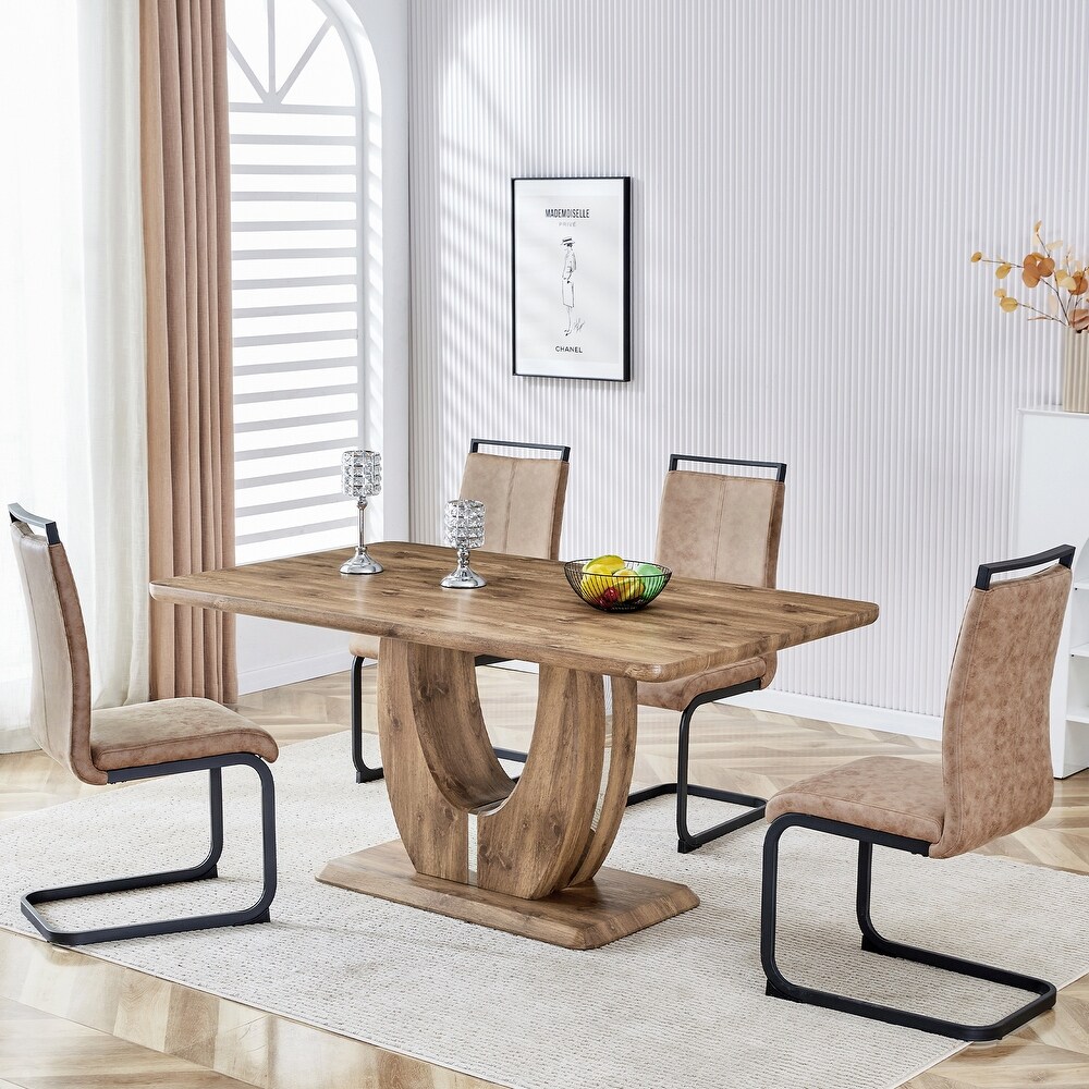 Rectangular 5 Piece Marble Dining Table Set with PU Leather Chairs