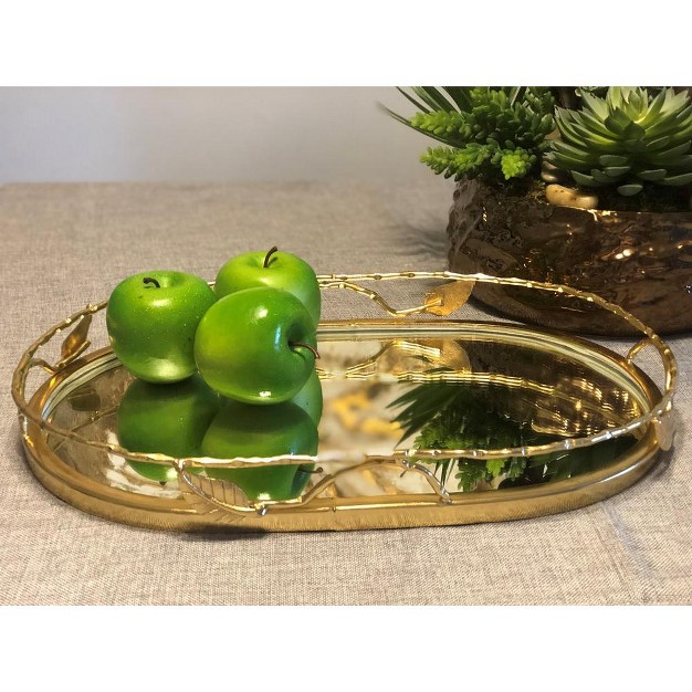 Classic Touch Oval Shaped Mirror Tray With Gold Leaf Design 16 quot l