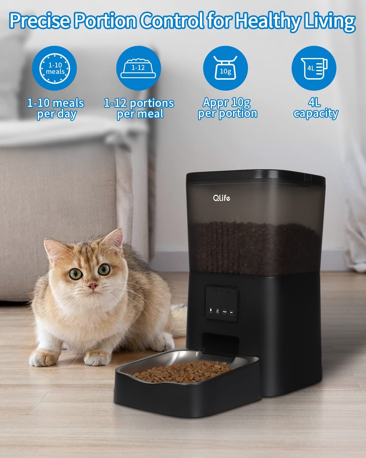 Automatic Cat Feeder WiFi App Control:  4L Timed Dry Food Dispenser for Small Medium Dog Smart Auto Pet Feeder Remote Control Portion Control Dual Power 10s Voice Recorder - Stainless Steel Bowl