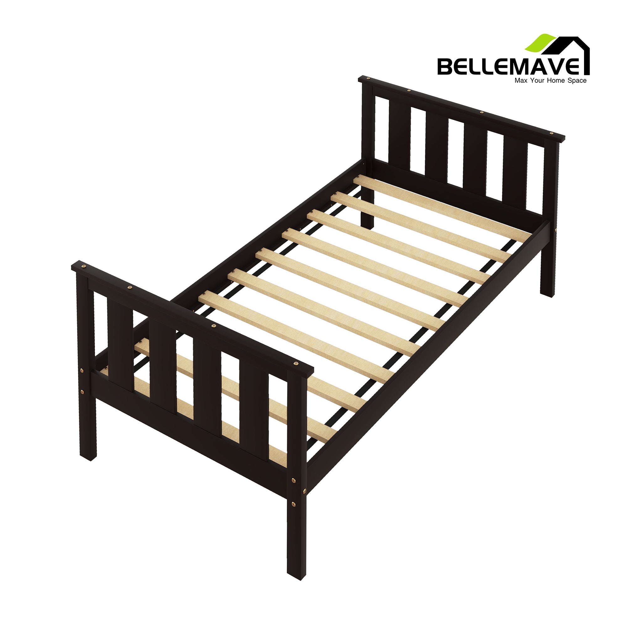 Bellemave Twin Size Platform Bed Frame with Slat Headboard and Footboard, Pine Wood Frame Bed for Kids, No Box Spring(Expresso)