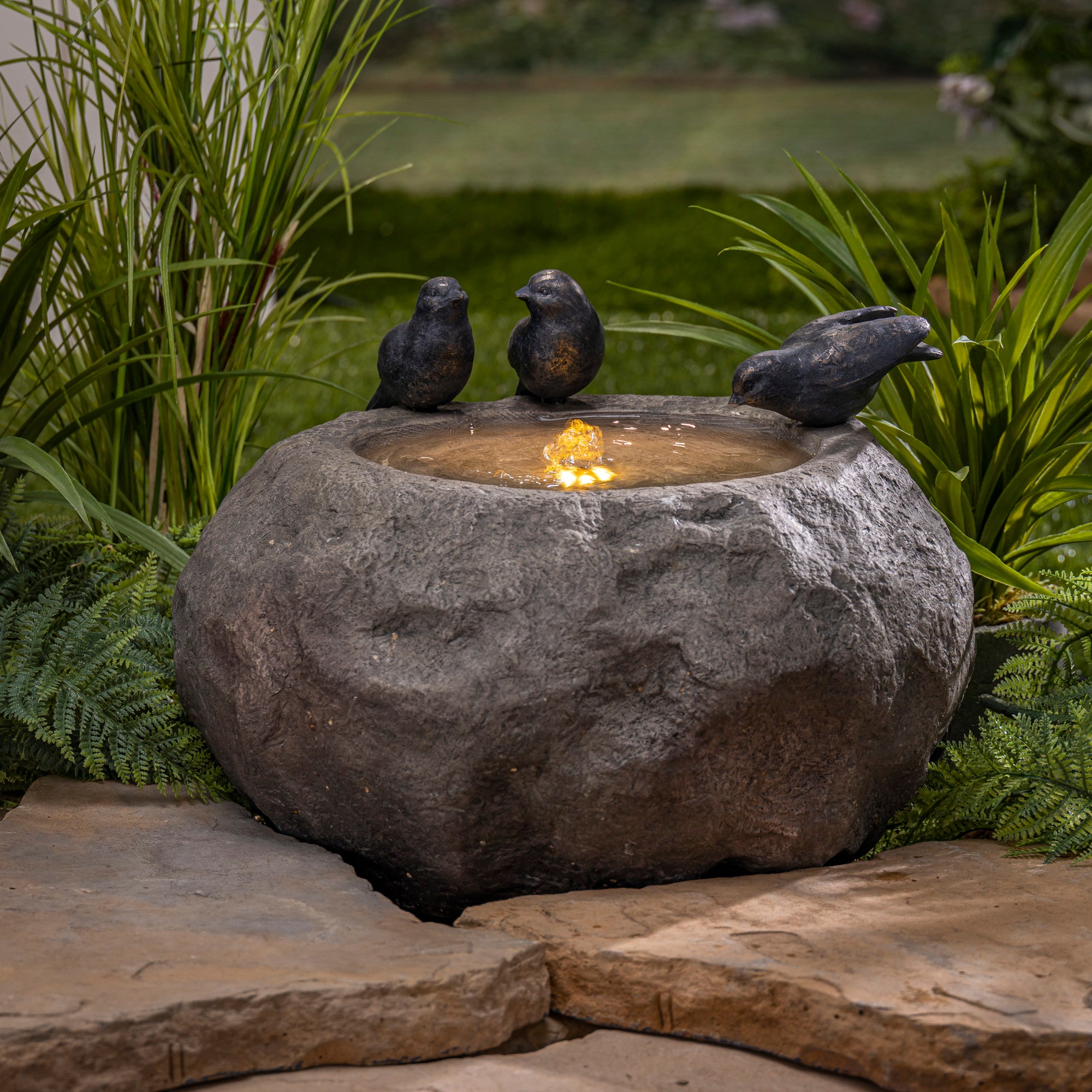 Gerson 16.5-Inch Long Electric Polyresin Stone Water Fountain with 3 bird accents