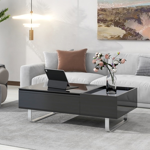 Modern Coffee Table with Lifted Tabletop and High-gloss Surface， Lift-top