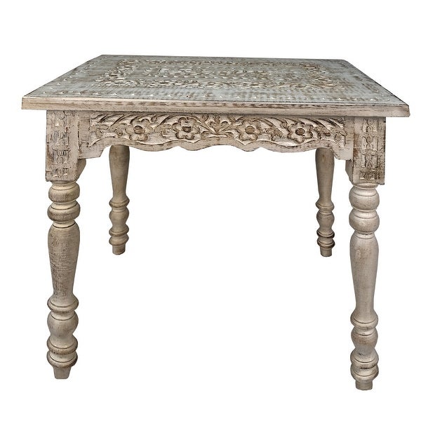 Wooden Side Table with Carved Rectangular Top and Turned Legs， Antique White