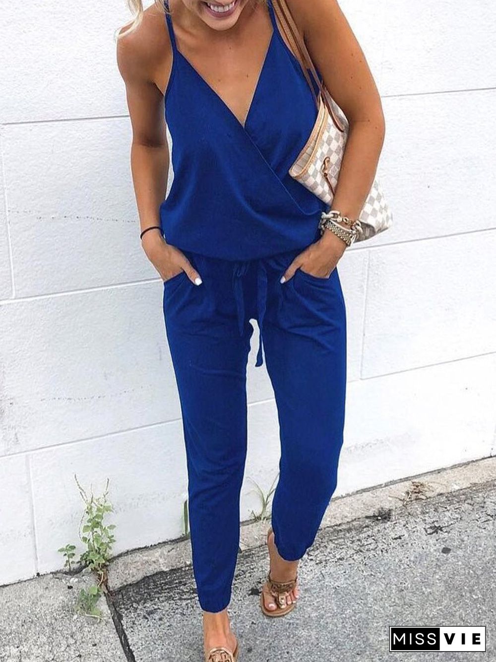 Women'S Jumpsuits Casual Sling V-Neck Belted Pocket Jumpsuit