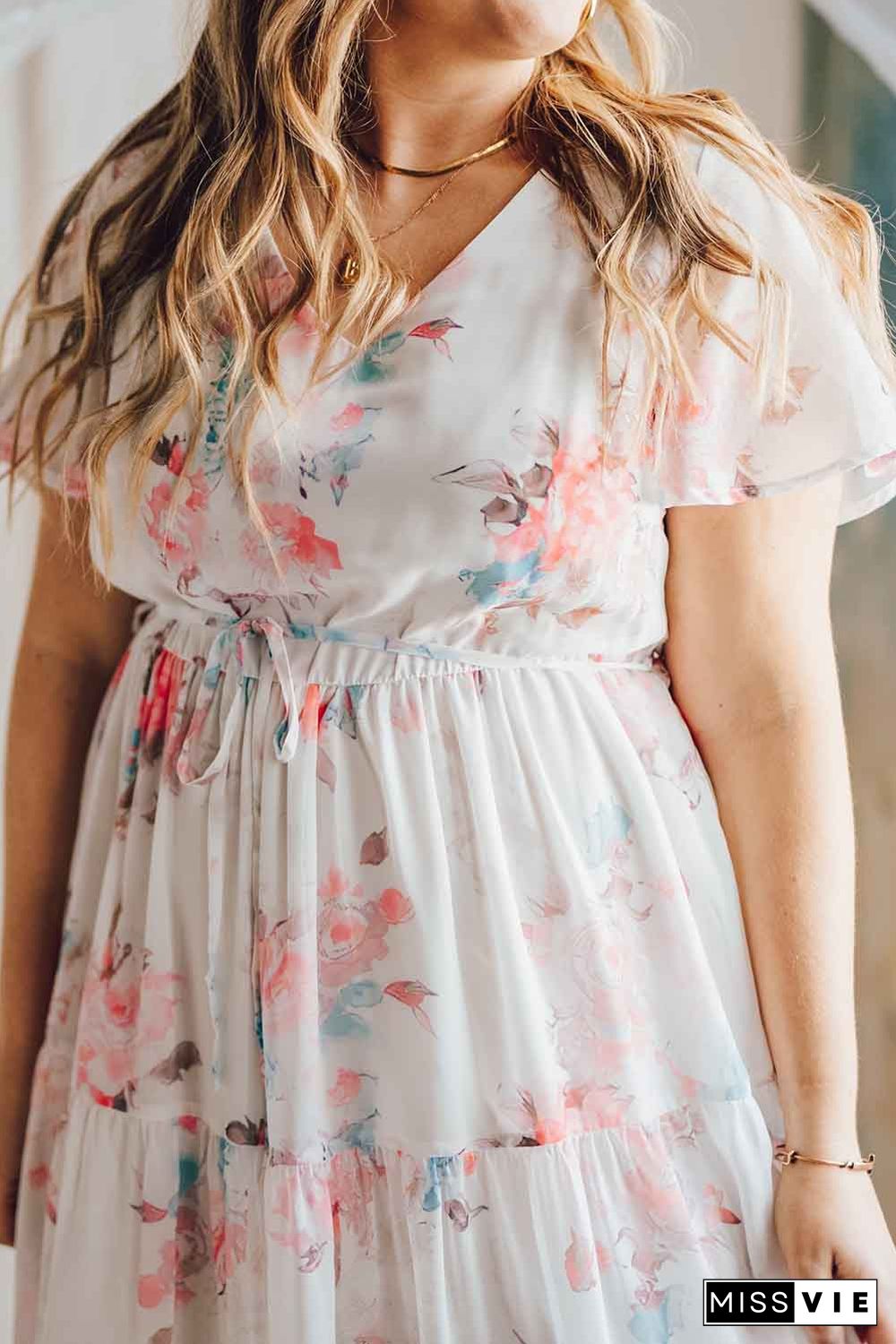 White Floral Print Lace-up High Waist Plus Size Maxi Dress