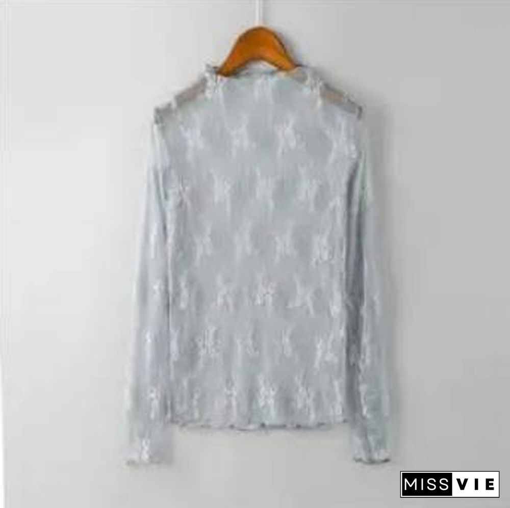 New Transparent Korean Loose Women Lace Blouse 3 Colors Female Bottoming Blouses Plus Size Cheaper Tops