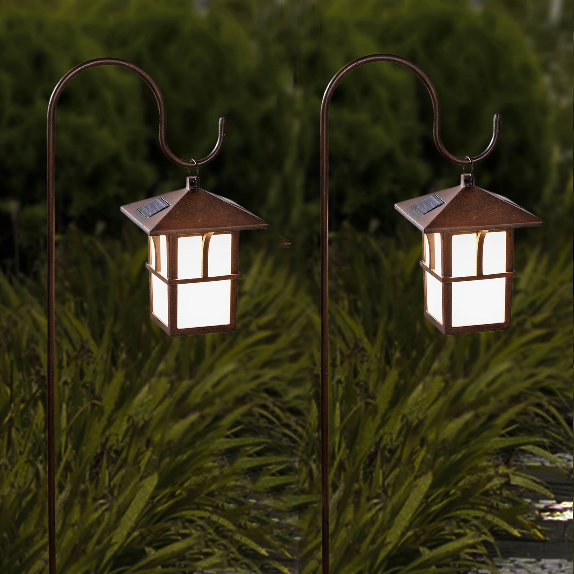 Set of 2 Pagoda Hanging Solar Lanterns with Shepherd?s Hooks