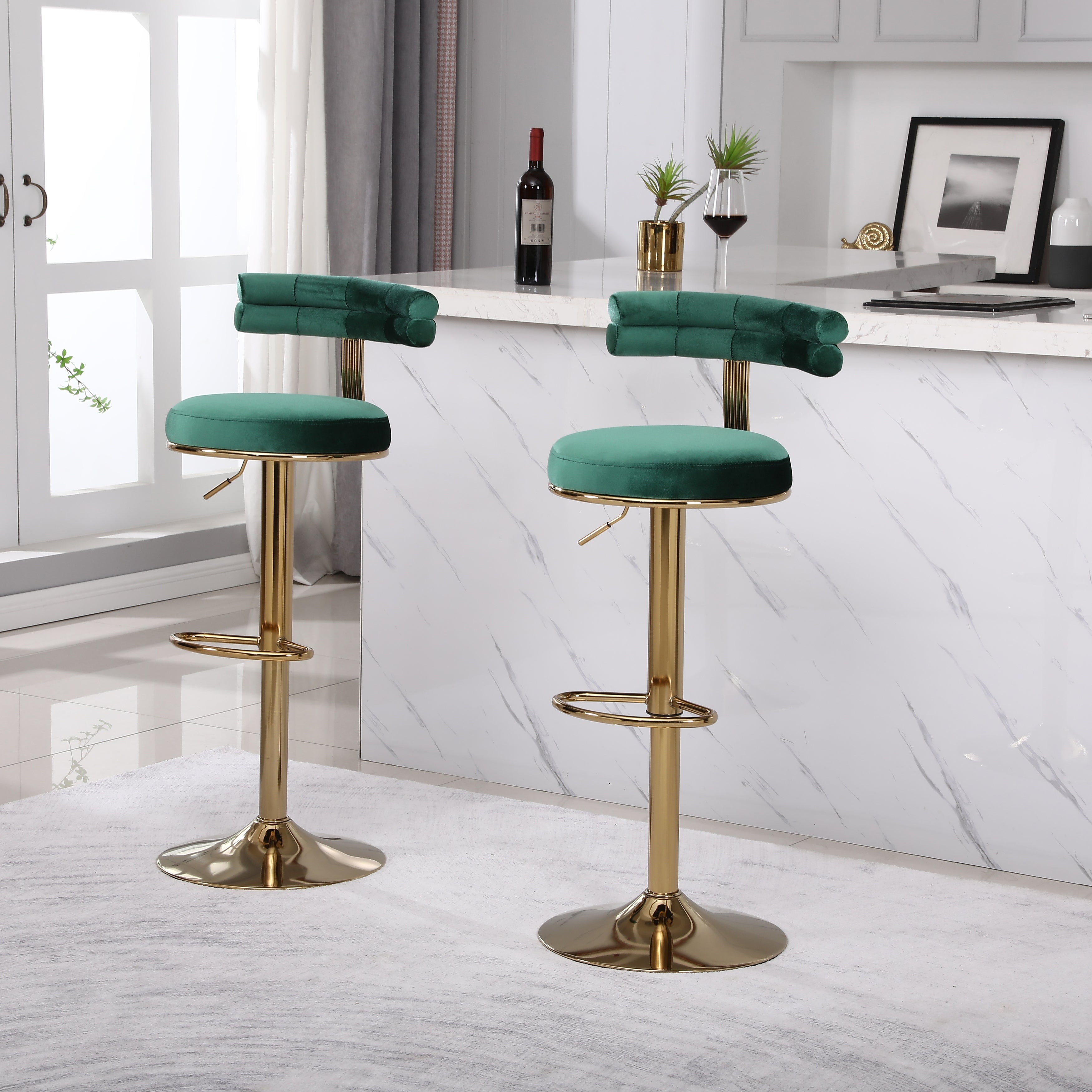 2PCS Bar Stools with Backrest and Footrest， Dining Chairs， Velvet Pub Chairs， Adjustable Height Classic Bar Chairs